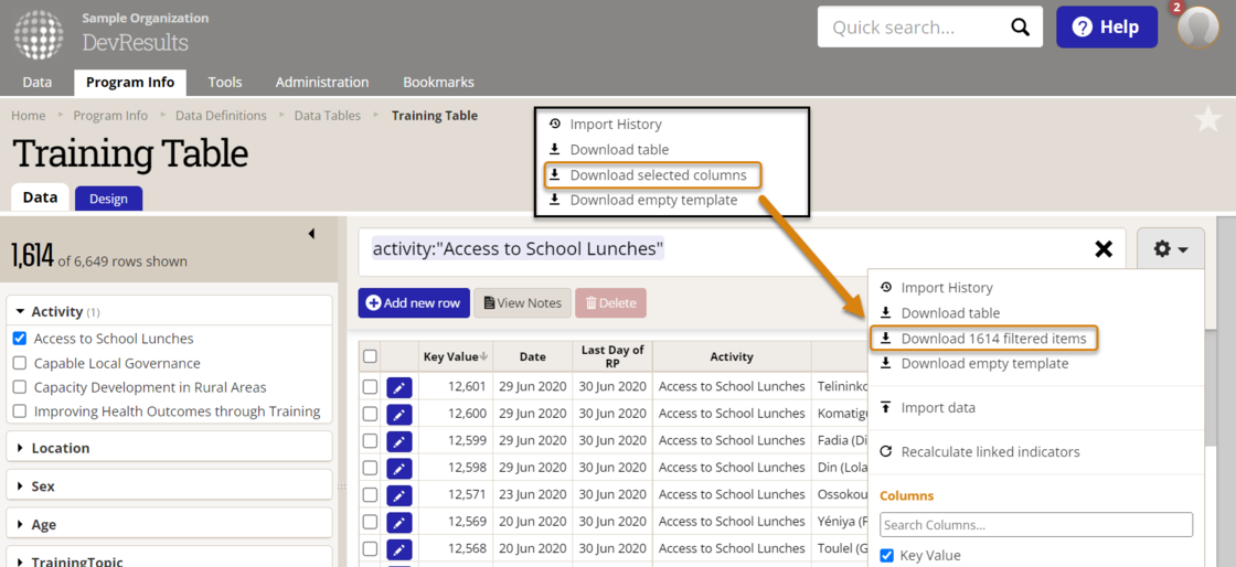Filter data table exports by columns AND rows - DevResults release notes