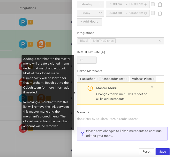 Dashboard - Menu Management Cloned Menus feature - Cuboh updates