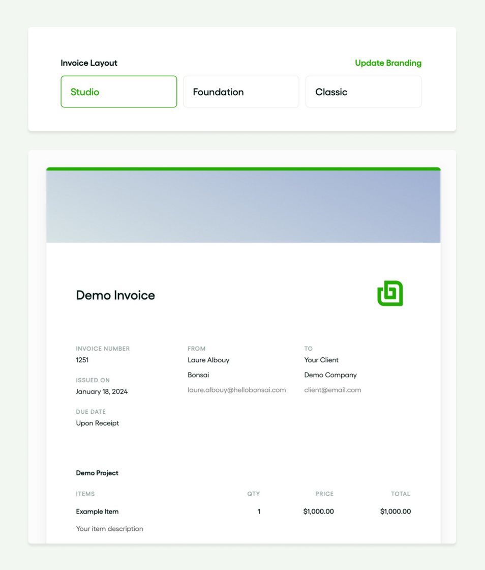 New invoice settings Bonsai updates