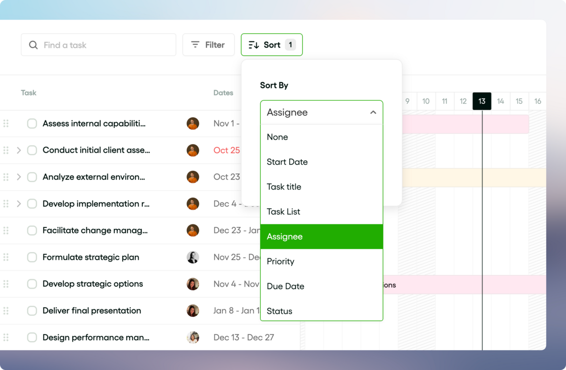 Sort tasks in the Gantt view - Bonsai updates