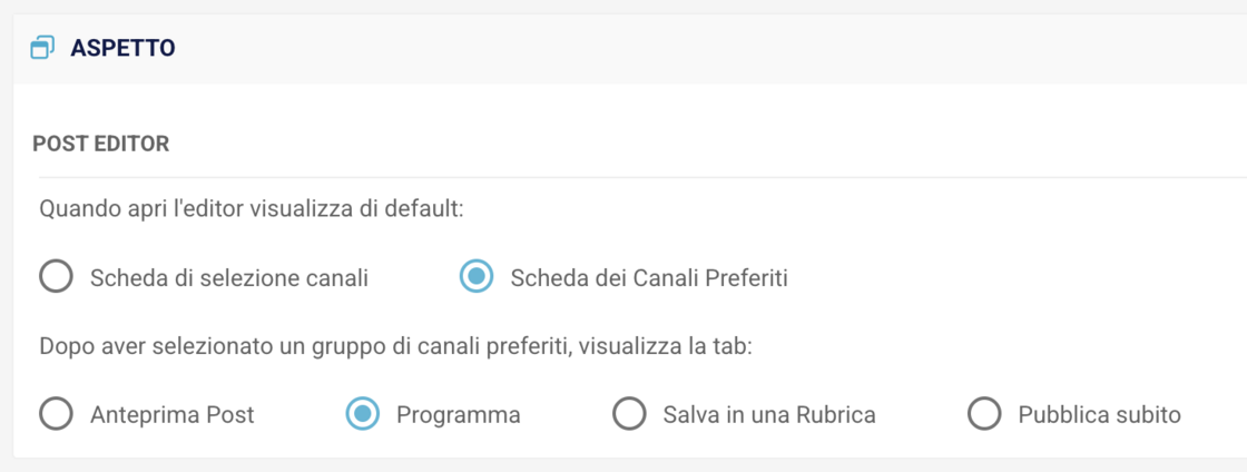 impostazioni per la personalizzazione della visualizzazione di default dell'Editor Pro