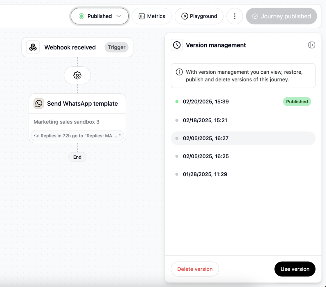 Version management and new channel condition now available in Journeys screenshot 1