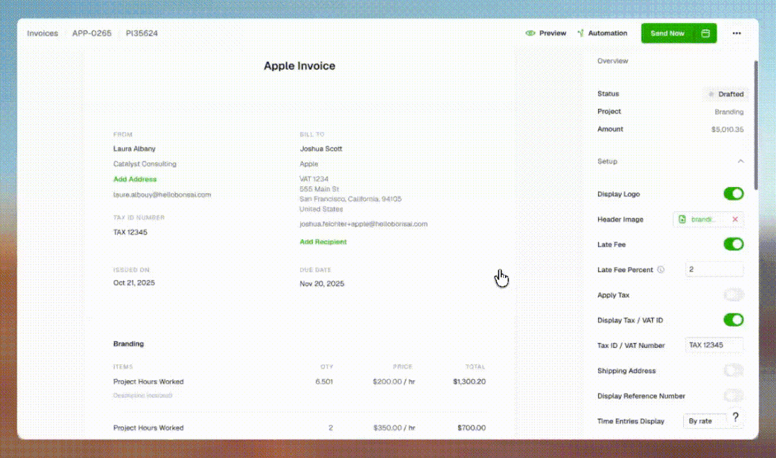 Appendix Invoice Time Entries Display settings on invoices - Bonsai updates
